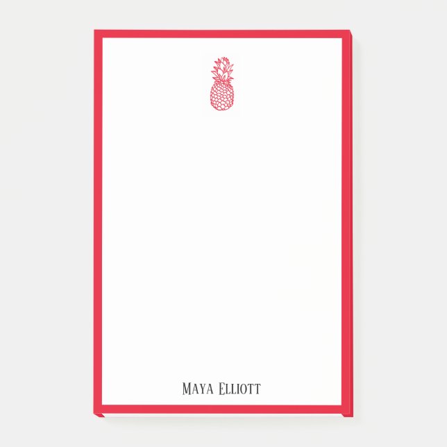 Weiß mit/hellroter Ananas und Grenze + Name Post-it Klebezettel (Vorderseite)