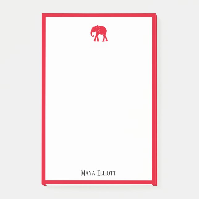 Weiß mit/hellroter Elefant & Grenze + Name Post-it Klebezettel (Vorderseite)