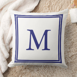 Weiß mit nautisch blauem Doppelrahmen-Monogramm Kissen