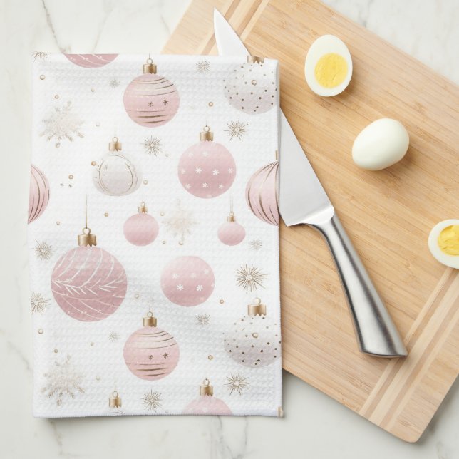 WEISS MIT PASTEL PINK & WHITE ORNAMENTS GESCHIRRTUCH (Viertel Falte)