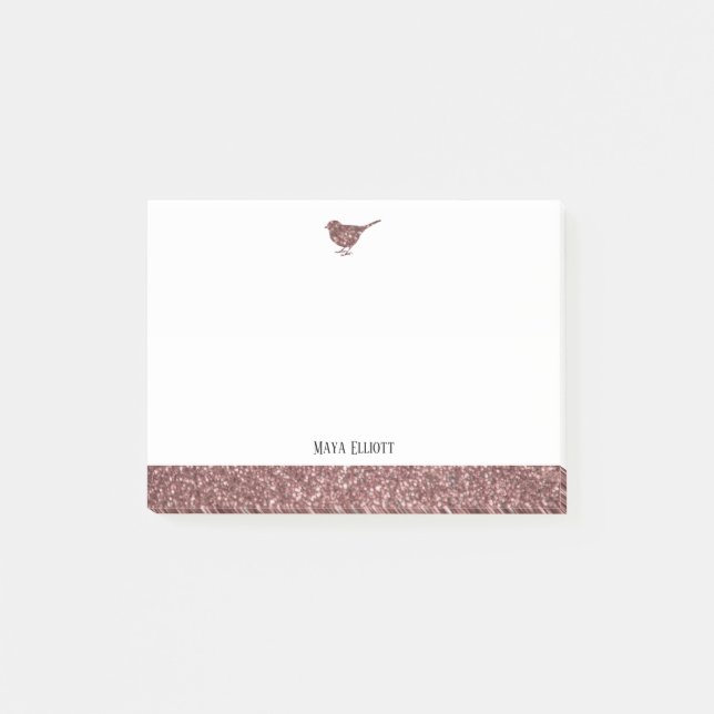 Weiß mit Rose Gold Imitate Glitzer Bird & Border Post-it Klebezettel (Vorderseite)