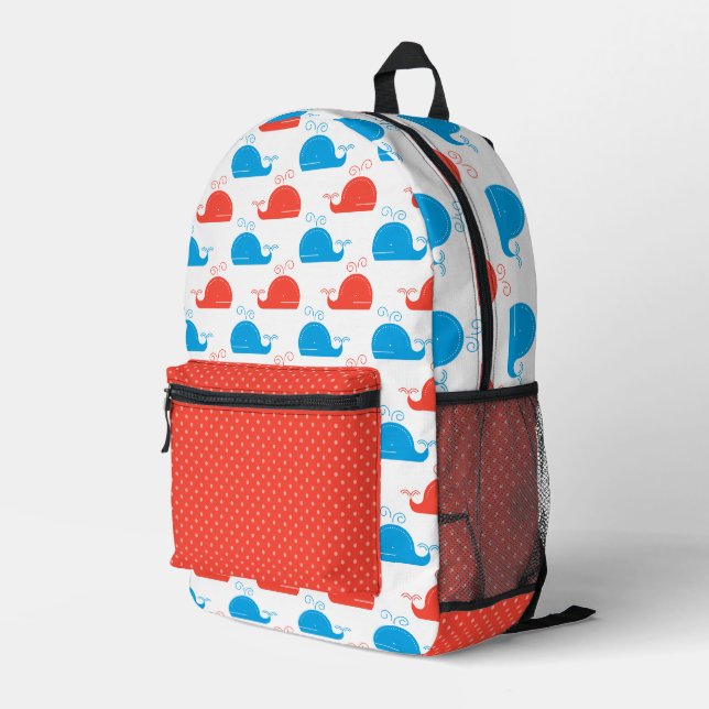 WEISS MIT ROTEN UND BLAUEN ROWS VON NIEDLICHEN WAL BEDRUCKTER RUCKSACK (Rückseitige Ecke Rechts)