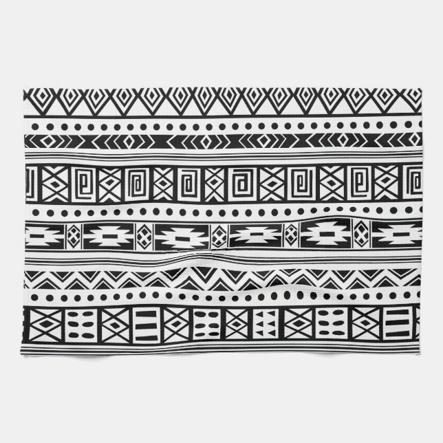 Weiß mit schwarzem Tribal-Ikat Nahtloses Muster Geschirrtuch (Horizontal)