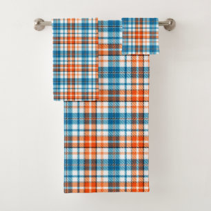 Weiß Orange Blau Kariertes Tartan Design Badhandtuch Set