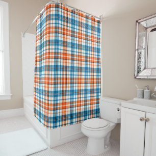 Weiß Orange Blau Kariertes Tartan Design Duschvorhang