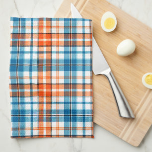 Weiß Orange Blau Kariertes Tartan Design  Geschirrtuch