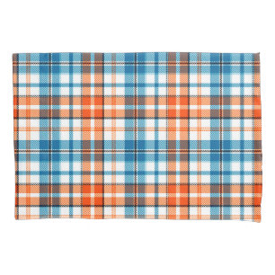 Weiß Orange Blau Kariertes Tartan Design Kissenbezug