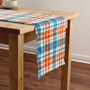 Weiß Orange Blau Kariertes Tartan Design Kurzer Tischläufer