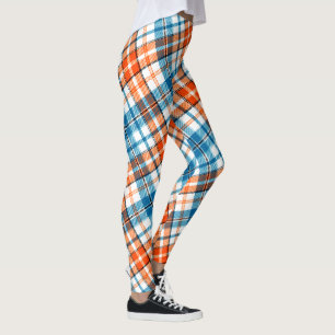 Weiß Orange Blau Kariertes Tartan Design Leggings