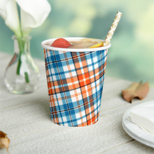 Weiß Orange Blau Kariertes Tartan Design Pappbecher