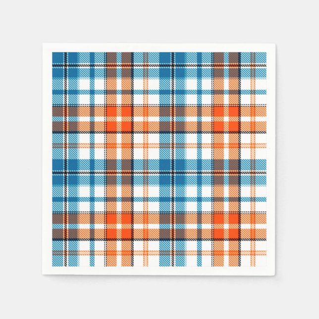 Weiß Orange Blau Kariertes Tartan Design  Serviette (Vorderseite)