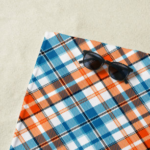 Weiß Orange Blau Kariertes Tartan Design Strandtuch