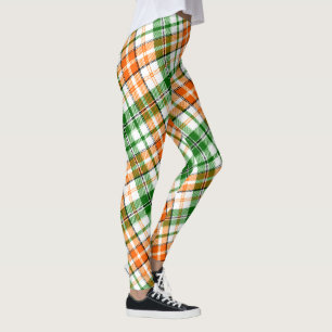 Weiß Orange Grün Kariertes Tartan Design Leggings