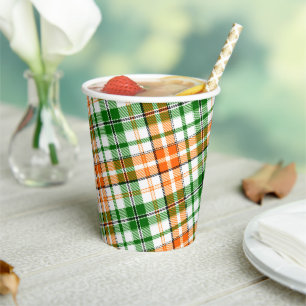 Weiß Orange Grün Kariertes Tartan Design  Pappbecher