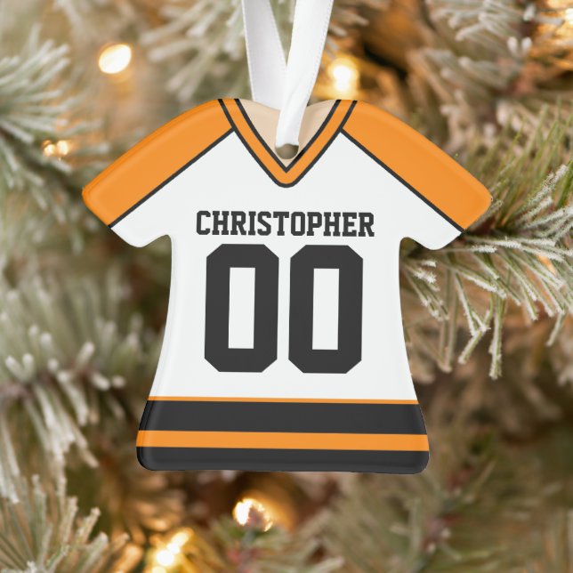 Weiß/Orange/Schwarz Custom Hockey Jersey Ornament (Baum)