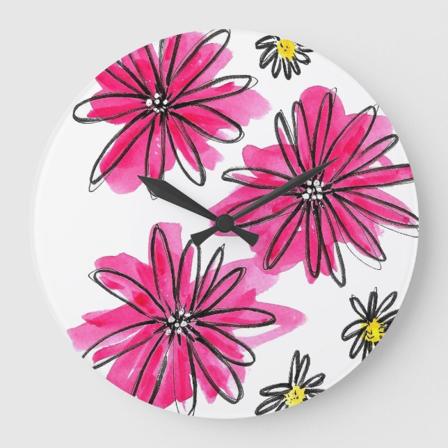 Weiß-Pink-Blume Große Wanduhr (Vorderseite)