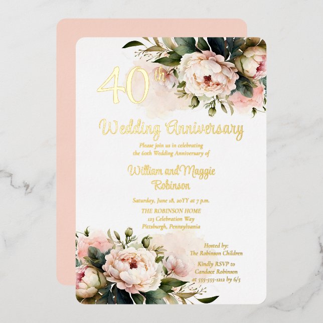 Weiß |Pink Peonies 40. Hochzeitliches Jubiläum Par Folieneinladung (Vorderseite/Rückseite)