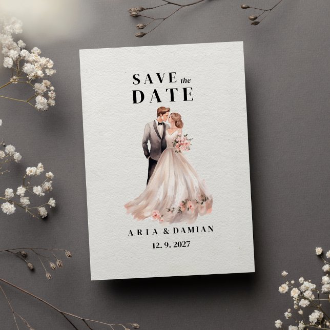 Weiß-pinkfarbenes Blumenpaar Foto Save the Date Einladung (White chic pink floral couple photo Save the Date)