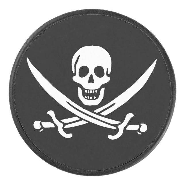 Weiß, Piratenflagge Calico Jack, Skull & Cutlass Eishockey Puck (Vorderseite)