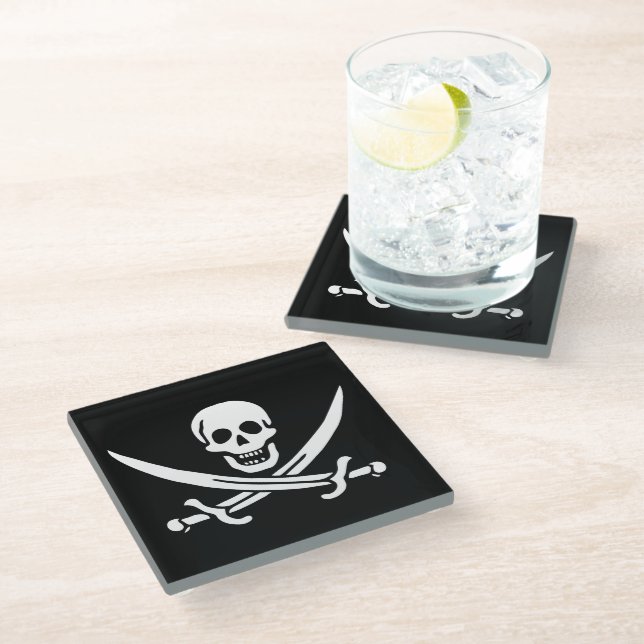 Weiß, Piratenflagge Calico Jack, Skull & Cutlass Glasuntersetzer (Schrägansicht)