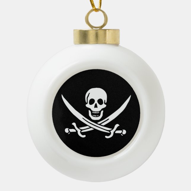 Weiß, Piratenflagge Calico Jack, Skull & Cutlass Keramik Kugel-Ornament (Vorderseite)