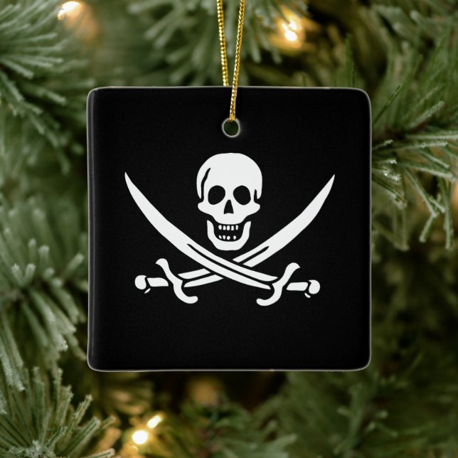 Weiß, Piratenflagge Calico Jack, Skull & Cutlass Keramikornament (Baum)