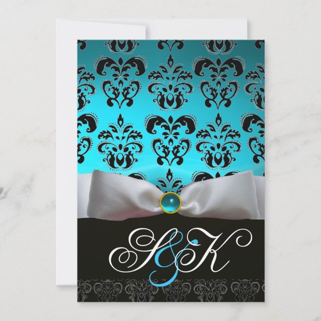 WEISS RIBBON AQUA BLUE BLACK DAMASK MONOGRAMM EINLADUNG (Vorderseite)