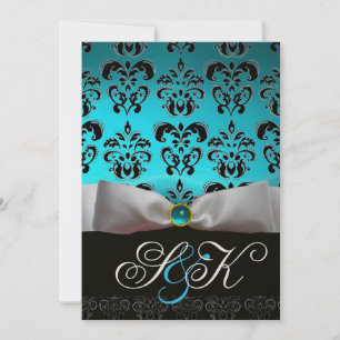 WEISS RIBBON AQUA BLUE BLACK DAMASK MONOGRAMM EINLADUNG