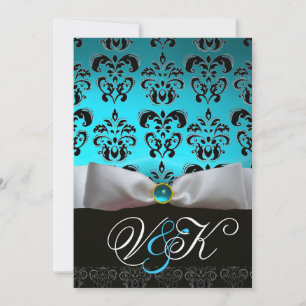 WEISS RIBBON AQUA BLUE BLACK DAMASK MONOGRAMM EINLADUNG