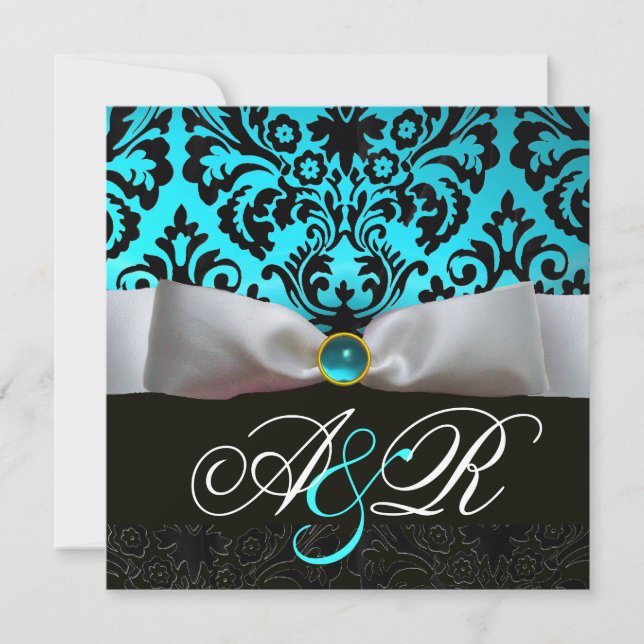 WEISS RIBBON AQUAMARIN AQUA BLUE BLACK DAMASK MONO EINLADUNG (Vorderseite)