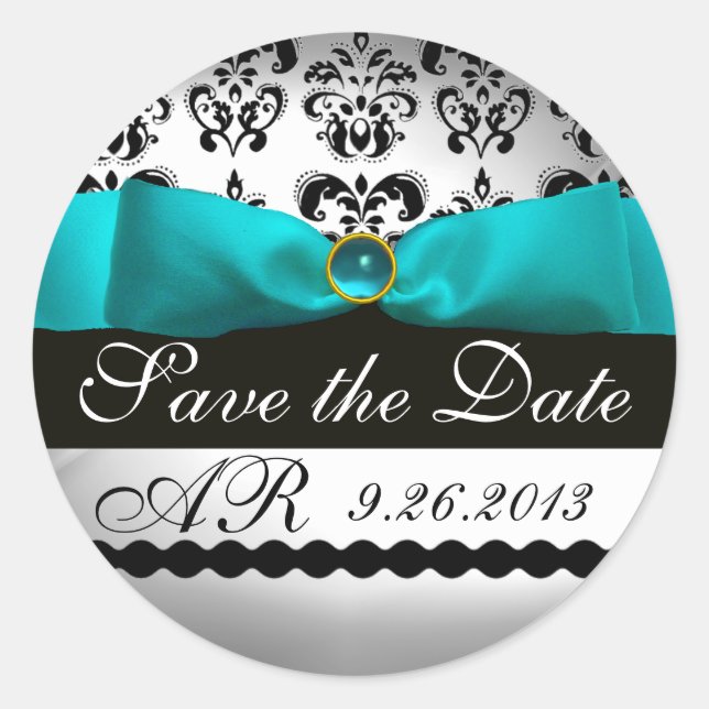 WEISS RIBBON BLUE TURQUASE BLACK DAMASK MONOGRAMM RUNDER AUFKLEBER (Vorderseite)