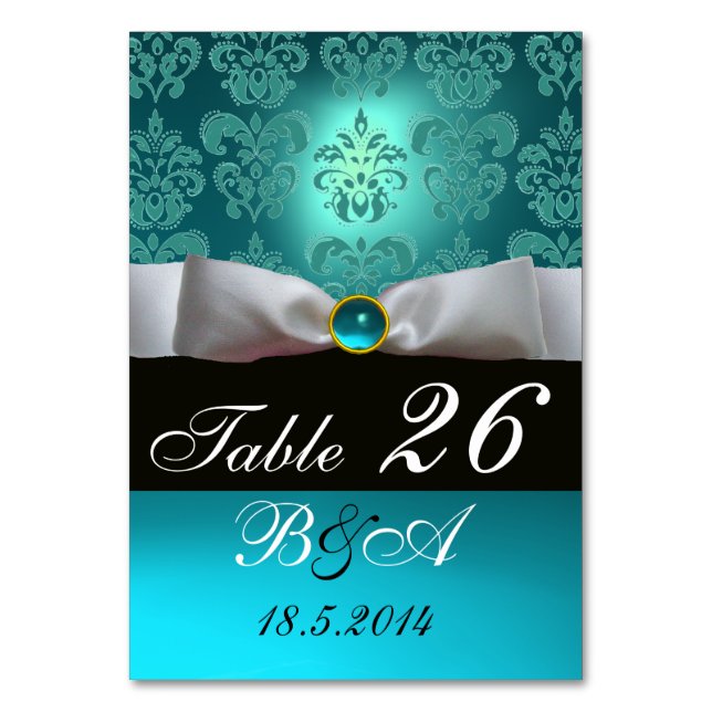 WEISS RIBBON BLUE TURQUASE BLACK DAMASK MONOGRAMM TISCHNUMMER (Vorderseite)
