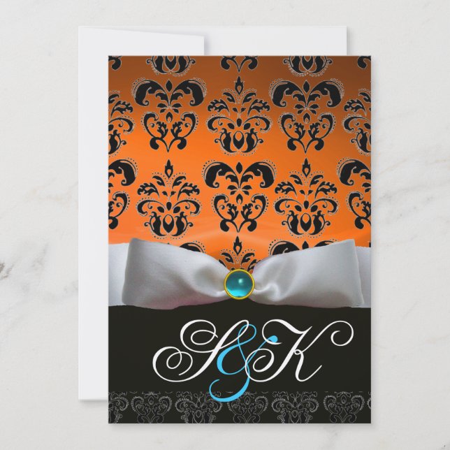 WEISS RIBBON ORANGE BLUE BLACK DAMASK MONOGRAMM EINLADUNG (Vorderseite)
