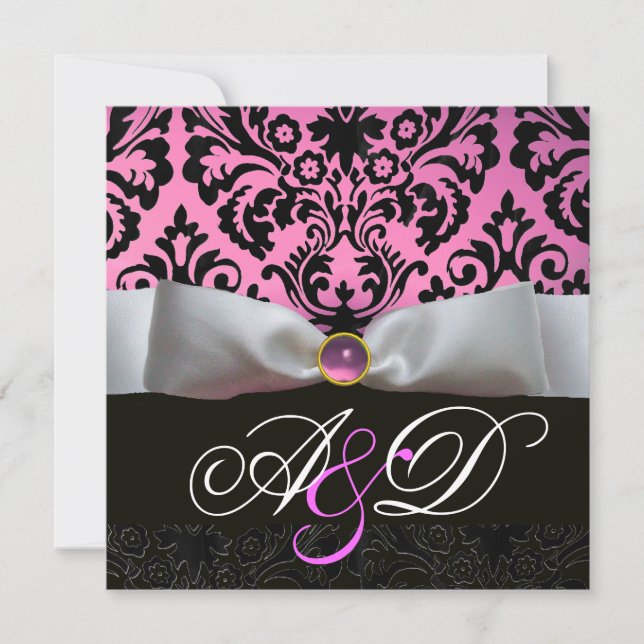 WEISS RIBBON PINK LILAC SCHWARZ-DAMASK-MONOGRAMM EINLADUNG (Vorderseite)