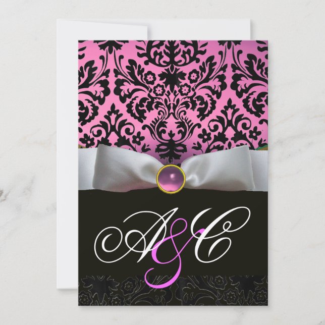 WEISS RIBBON PINK LILAC SCHWARZ-DAMASK-MONOGRAMM EINLADUNG (Vorderseite)