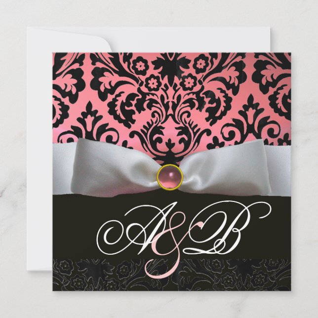 WEISS RIBBON PINK SCHWARZES DAMASK-MONOGRAMM EINLADUNG (Vorderseite)