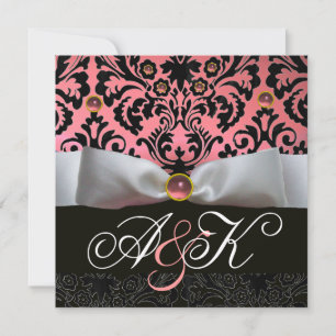 WEISS RIBBON PINK SCHWARZES DAMASK-MONOGRAMM EINLADUNG