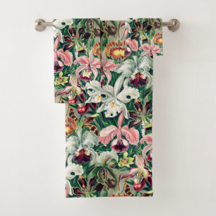 Weiß rosa Gelbgrün-Orchideenmuster Badhandtuch Set