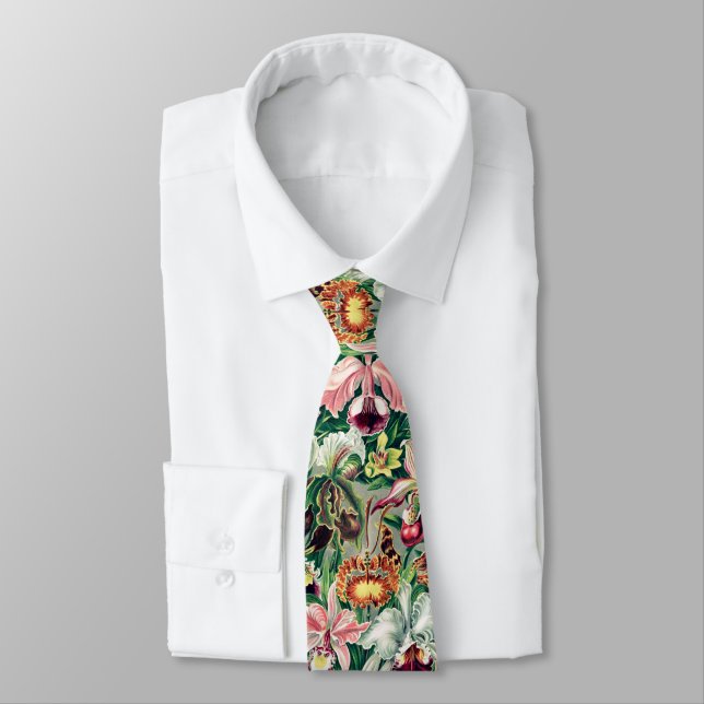 Weiß rosa Gelbgrün-Orchideenmuster Krawatte (Gebunden)