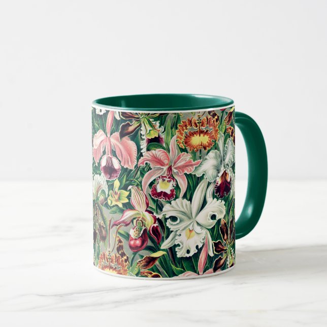 Weiß rosa Gelbgrün-Orchideenmuster Tasse (VorderseiteRechts)