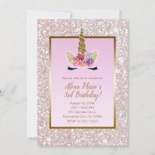 Weiß Rosa Glitter Gold Einhorn Geburtstagsfeier Einladung
