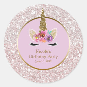 Weiß Rosa Gold Glitter Glam Einhorn Partygeschenk Runder Aufkleber