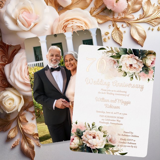 Weiß |Rosa Peonies 70. Party zum Hochzeitstag Folieneinladung (Elegant White and Pink Peonies 70th Wedding Anniversary Party Rose Gold Foil Invitation - Print Only)