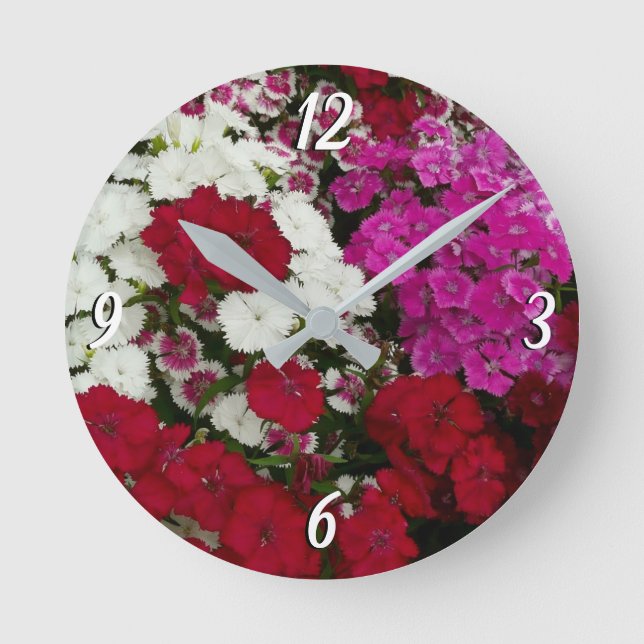 Weiß, Rosa und Rote Dianthus Runde Wanduhr (Vorderseite)