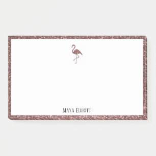 Weiß + Roségold Glitter Flamingo & Rand mit Namen Post-it Klebezettel