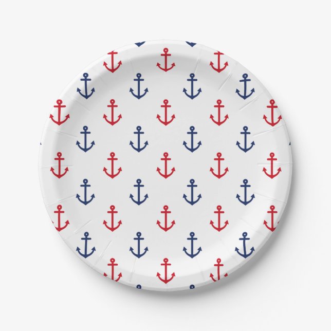 Weiß Rot Blau Maritimes Anker Muster Pappteller (Vorderseite)