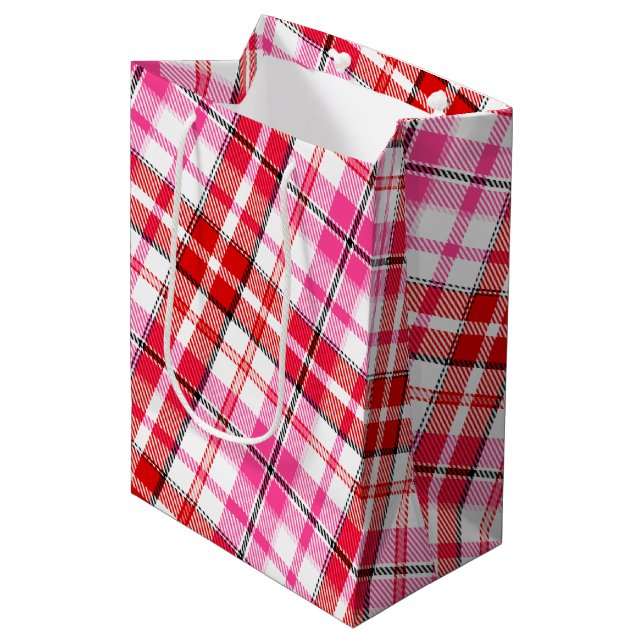 Weiß-Rot-Pink-Karodesign  Mittlere Geschenktüte (Vorderseite Schrägansicht)