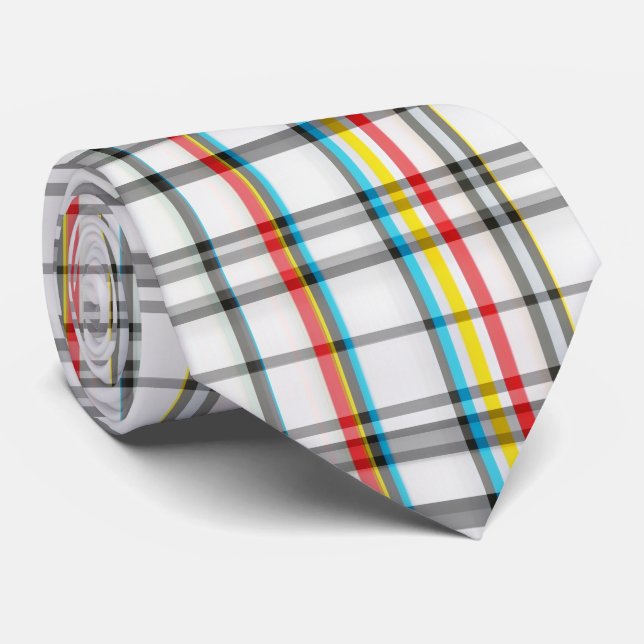Weiß Rot Schwarz Blau Tartan Krawatte (Gerollt)