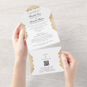 Weiß Schwarz Gold Gatsby QR CODE RSVP Hochzeit All In One Einladung