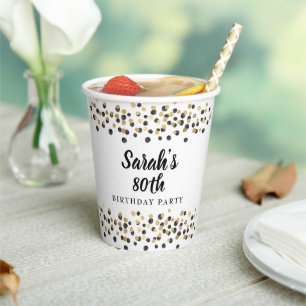 Weiß Schwarz Gold Konfetti Glitter 80. Geburtstag Pappbecher